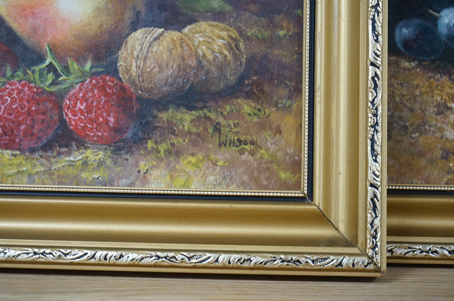 A Wilson, Still lifes of fruit, each signed, pair of oils on board, 24 x 29cm, gilt frames